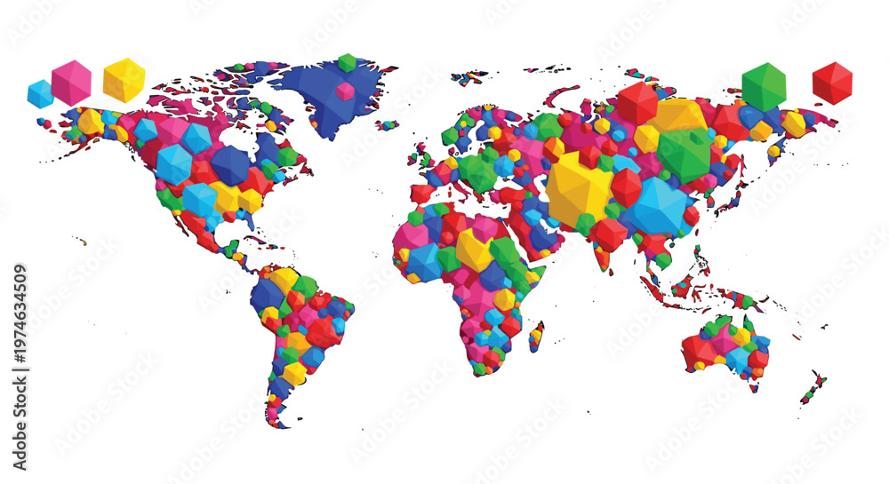 Fototapeta premium Global diversity and abstract world map concept created with many colorful geometric cubes representing different regions.