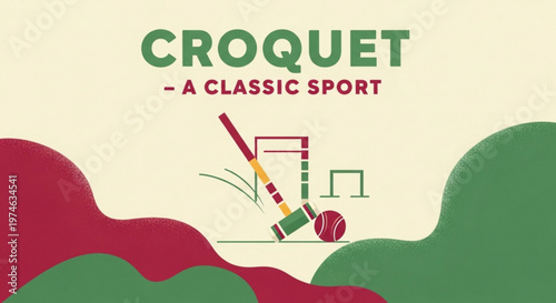Croquet game illustration with mallet hitting a ball through a wicket on a grassy field