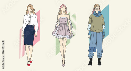 Set of three fashion sketches featuring diverse women models wearing different styles of modern clothing for apparel design.