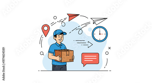 Smiling delivery man wearing a blue uniform carrying a cardboard box with shipping and logistics icons in the background.