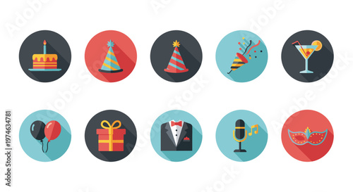 Set of colorful circular party icons featuring a cake, balloons, gift box, cocktail, and music for holiday celebrations.