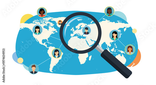 Global human resources concept with a magnifying glass searching for people over a blue world map illustration.