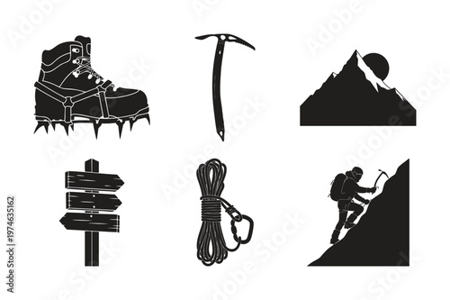 Mountaineering adventure silhouette set bundle climber icons.