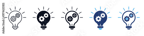 Light bulb with gears icons set, innovation concept. creative idea icon symbol in thin line, bold, solid, and blue flat styles, symbolizing innovation and efficiency.