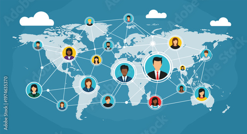 Global social network showing interconnected people avatars across a blue world map representing international connectivity.