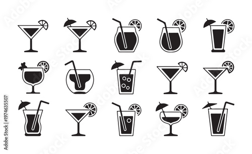 Set of various cocktail drink icons in different glass types with garnishes isolated on a white background.