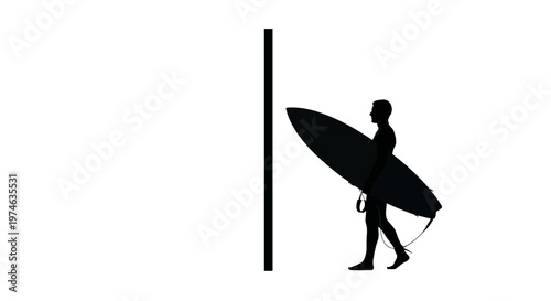 Silhouette of a surfer with surfboard walking next to a wall, isolated on white background