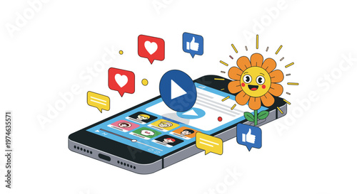 Social media marketing concept featuring a smartphone with engagement icons like likes, hearts, and video play.