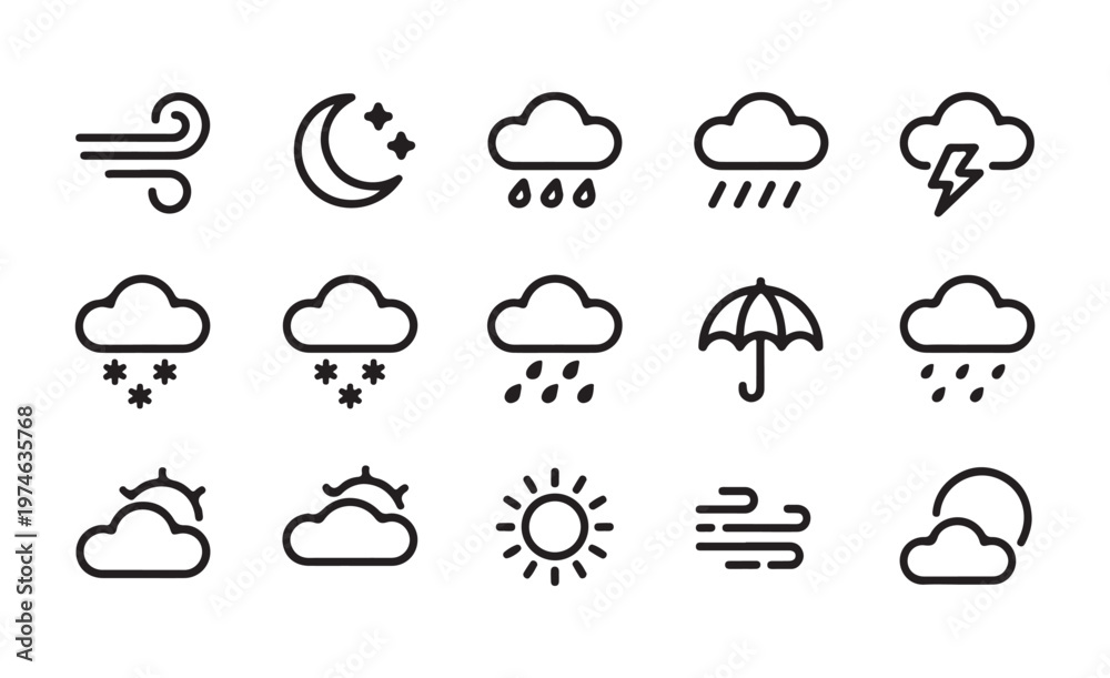 Fototapeta premium Collection weather icons for forecasting and climate observation signs set vector.