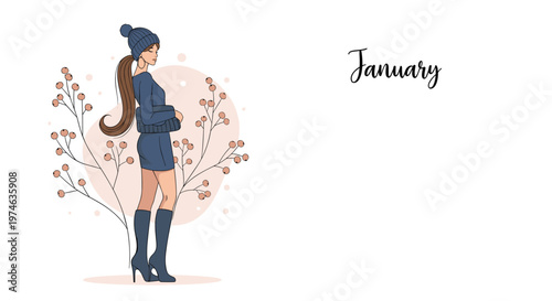 Stylish young woman wearing winter fashion clothes standing near decorative branches with berries for January calendar.