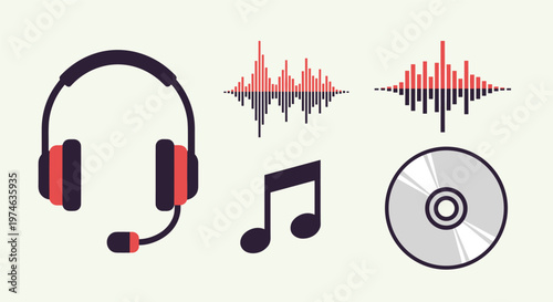 Set of audio and music icons including a headset, sound frequency waves, a shiny CD, and a classic music note symbol.