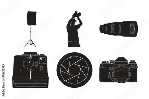 Camera lens and photographer silhouette set bundle for creative work.