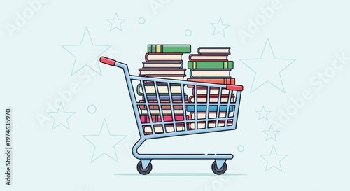 Metal shopping cart overflowing with colorful books against a light blue background decorated with faint star shapes and circles.