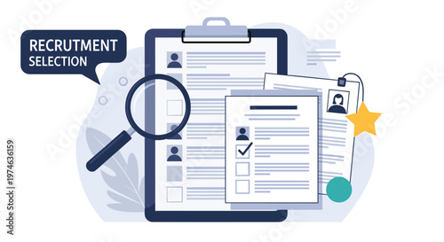 Recruitment and selection process concept with a clipboard showing job candidate profiles and a magnifying glass for talent search.