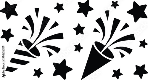 Black silhouette party poppers explode with stars and festive confetti.