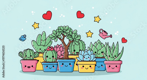 Cute cartoon succulent plants in colorful pots with happy faces and hearts floating in a whimsical background