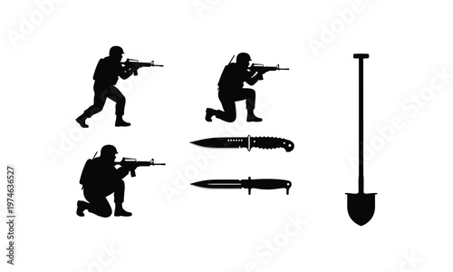 Soldier silhouette collection featuring infantry troops with rifles and military equipment.