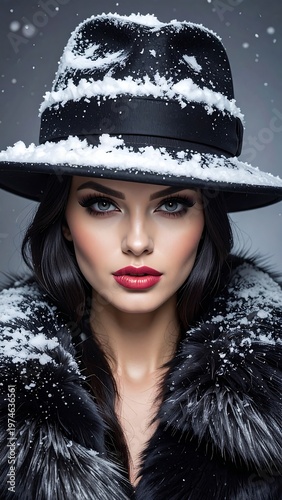 A woman in a snowy black hat and fur coat looks directly