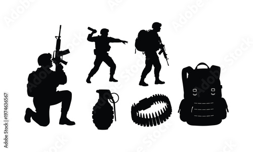 Tactical combat gear vector silhouette set with soldiers and essential military equipment.