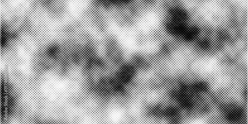 High resolution halftone gradient with scattered soft-edged shapes, black ink dots on white background, retro printing aesthetic, abstract and non-representational