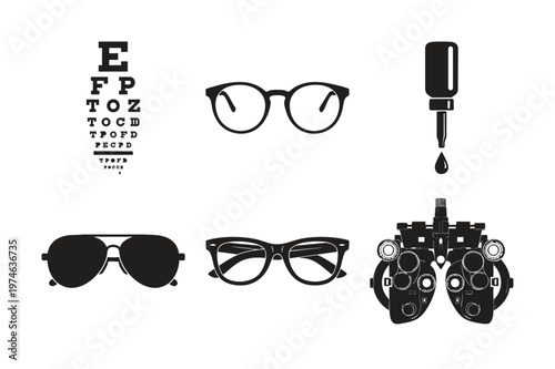 Optometry and ophthalmology vision correction silhouette set bundle.