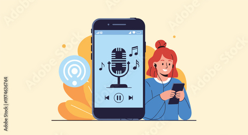 Young girl with headphones using a smartphone to listen to music or a podcast with a large microphone icon on the screen.