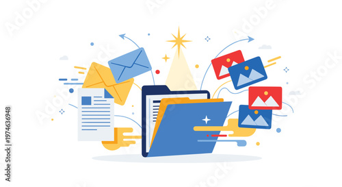 File organization and data management concept showing a blue folder with documents, photos, and messages flying out from it.