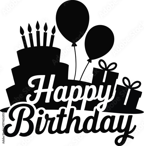 Black silhouette happy birthday design shows cake balloons and gift boxes.