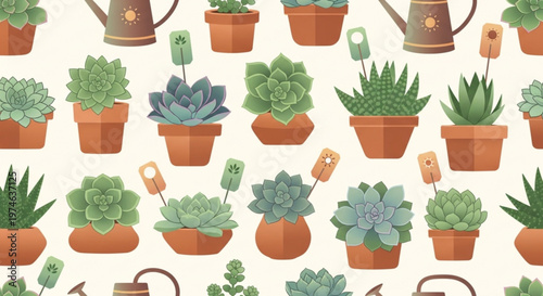 Seamless pattern of various succulent plants in terracotta pots with small wooden garden tags and watering cans for textile and wallpaper design