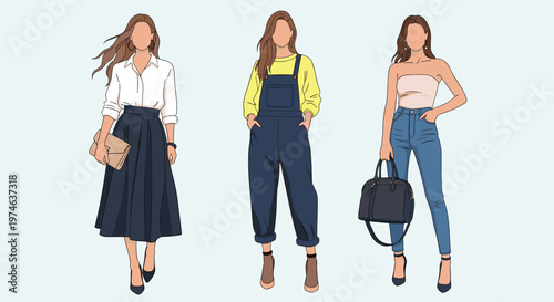 Trio of fashionable women presenting various casual and chic outfits such as a long skirt with blouse and denim overalls.
