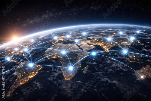 Global Connectivity: The image showcases a stunning view of Earth from space, with a network of glowing lines intricately connecting various points across the continents.