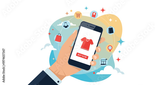 Smartphone user interface for online fashion shopping with hand holding mobile device and floating digital retail icons.