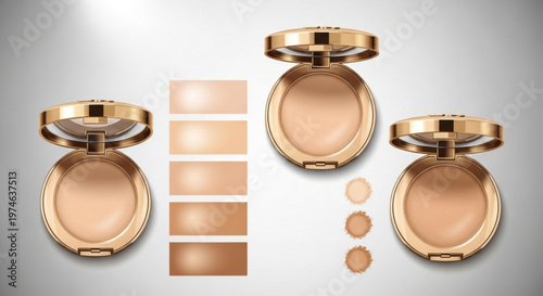 Luxury gold cosmetic powder compacts displayed with varying skin tone swatches for premium beauty brand marketing and high end makeup product promotion