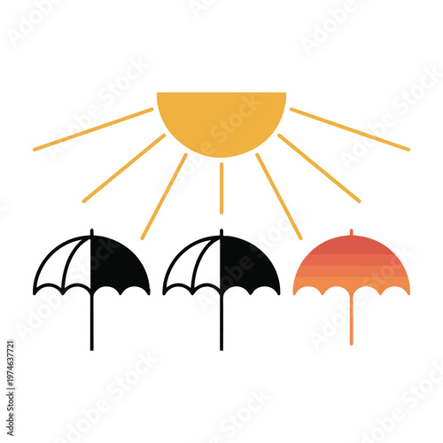 Sun symbol with rays illuminating two black outline umbrellas and one colorful striped umbrella.