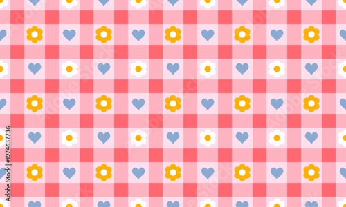 Pink gingham background with small white, yellow daisy flower and tiny hearts seamless pattern design. Vector illustration for kids, nursery decor, wrapping paper, spring themes and stationery 