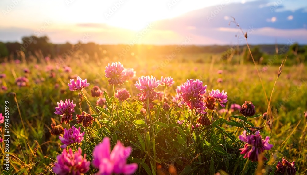 Obraz premium Field of pink clover flowers illuminated by a brilliant sunset casting a warm glow over grassy terrain