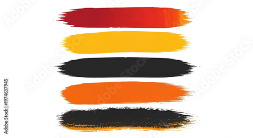 Five textured paint brush strokes in red, yellow, black, and orange on a white background.