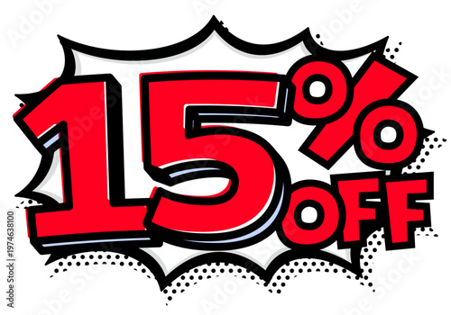 15%OFFの文字入りトゲトゲ吹き出し。黒太線のポップな爆発アイコン。セール・値札用素材。