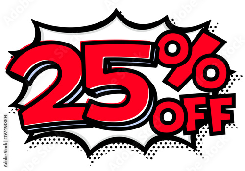 25%OFFの文字入りトゲトゲ吹き出し。黒太線のポップな爆発アイコン。セール・値札用素材。