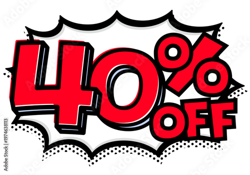 40%OFFの文字入りトゲトゲ吹き出し。黒太線のポップな爆発アイコン。セール・値札用素材。