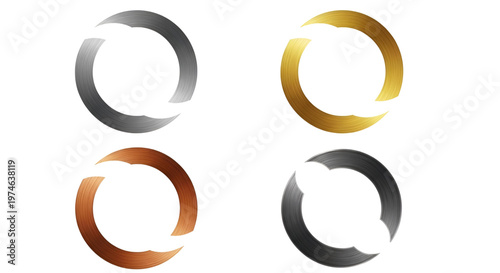 Set of four circular metallic logo designs in silver, gold, bronze, and gunmetal finishes on white.