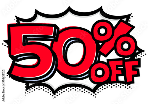 50%OFFの文字入りトゲトゲ吹き出し。黒太線のポップな爆発アイコン。セール・値札用素材。