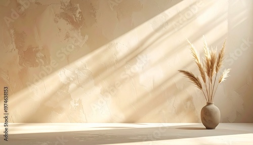 Warm beige textured wall vase pampas grass right diagonal sunlight