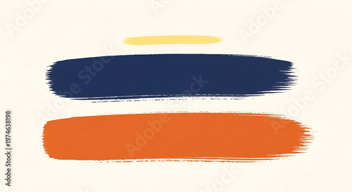 Abstract horizontal brush strokes in navy blue and orange on a textured off-white background