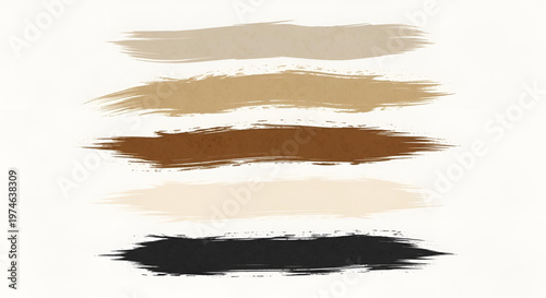 Set of five horizontal cosmetic brush strokes in neutral earth tones on a white background