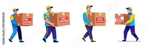 Delivery Man Carrying Boxes with Free Shipping Labels E commerce Logistics and Shipping Service Concept