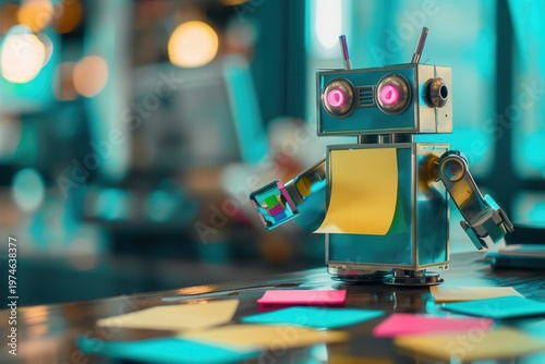 tiny AI robot holding yellow sticky note, clean desk with colorful notes, blurred office background, shallow DOF, ultra detailed materials and reflections