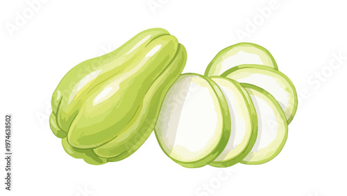 Freshly cut chayote squash illustration isolated on black background