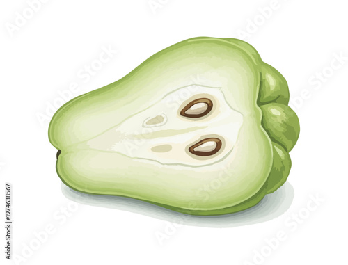 Half cut green chayote fruit on black background isolated