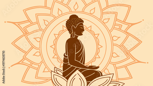 Meditating buddha silhouette on lotus with mandala background symbolizing peace mindfulness and spiritual harmony minimal illustration